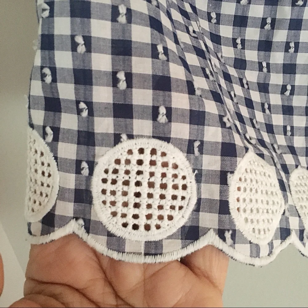 J. Crew Gingham Blue Ruffle Tie Shoulder Eyelet top